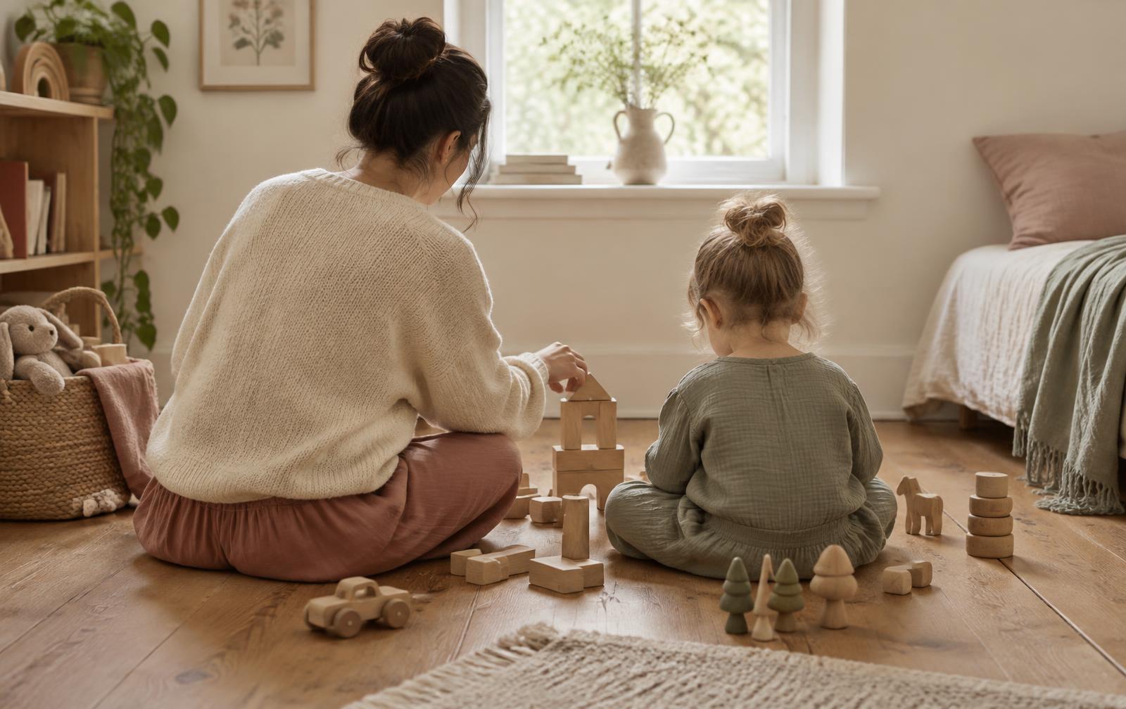 Mutter und Kind spielen gemeinsam mit Holzbausteinen